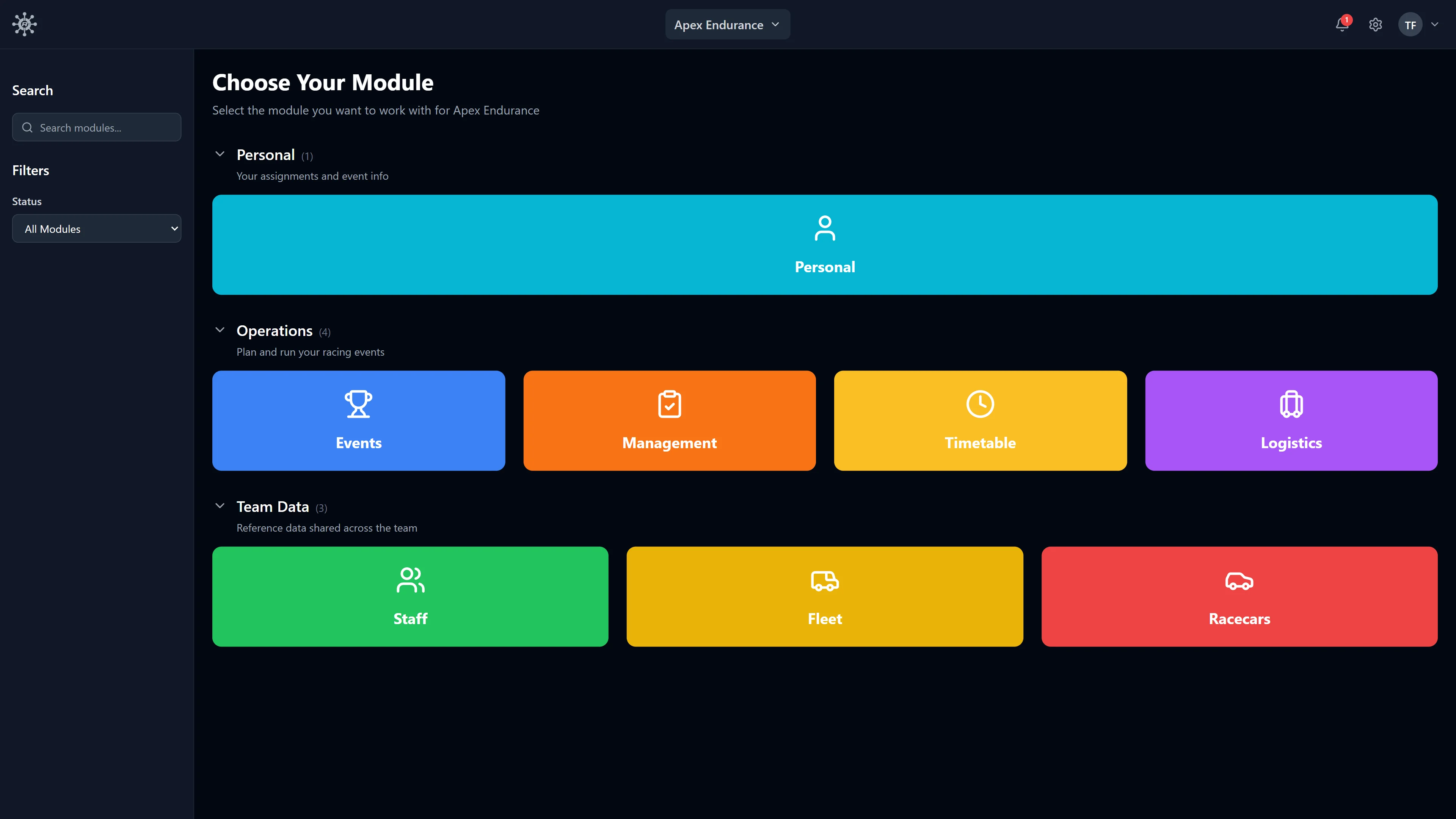 RaceNode - Choose your module: Personal, Staff, Fleet, Racecars, Events, Management, Logistics