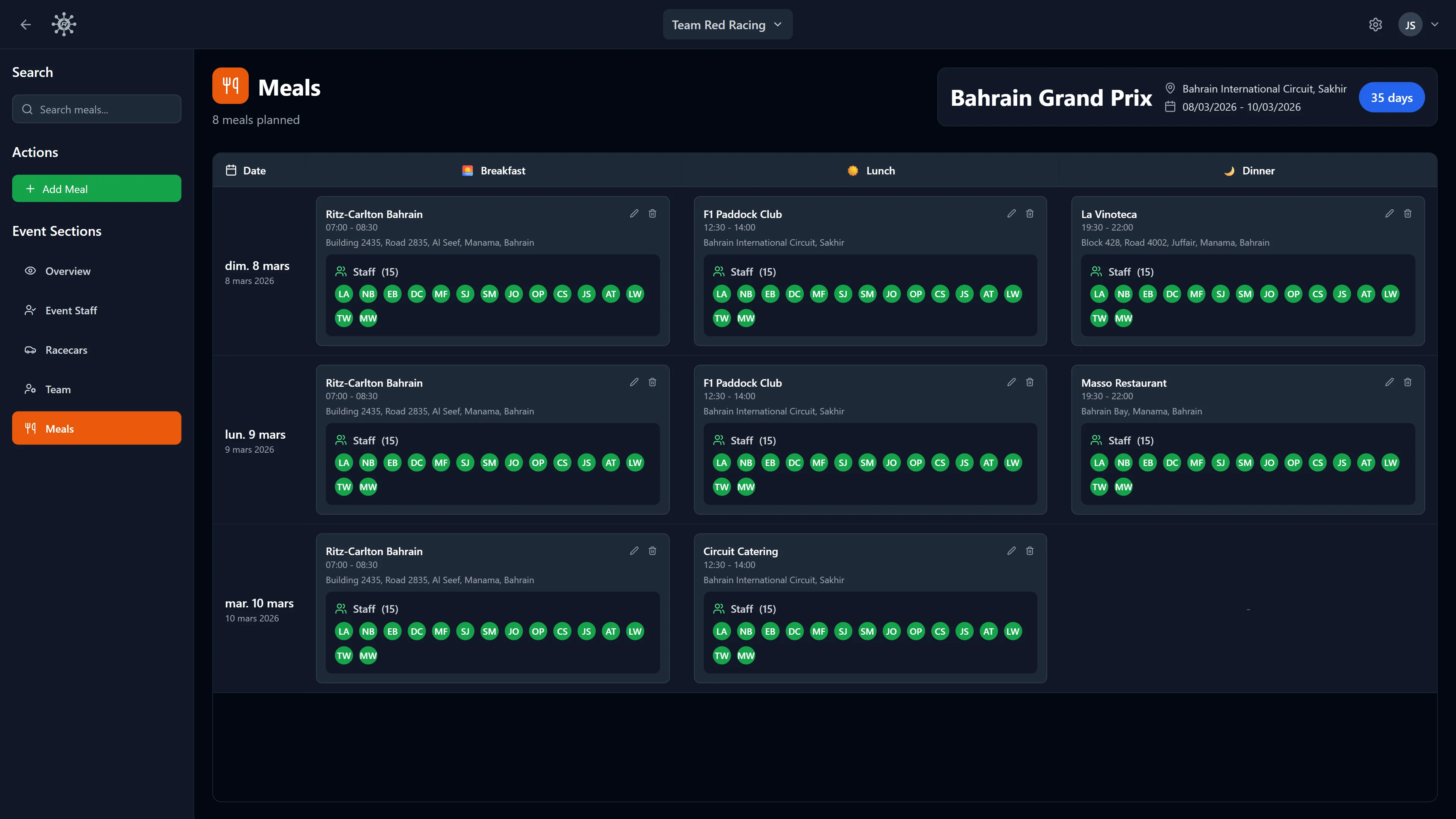 RaceNode Meals - Plan every meal across the event.
