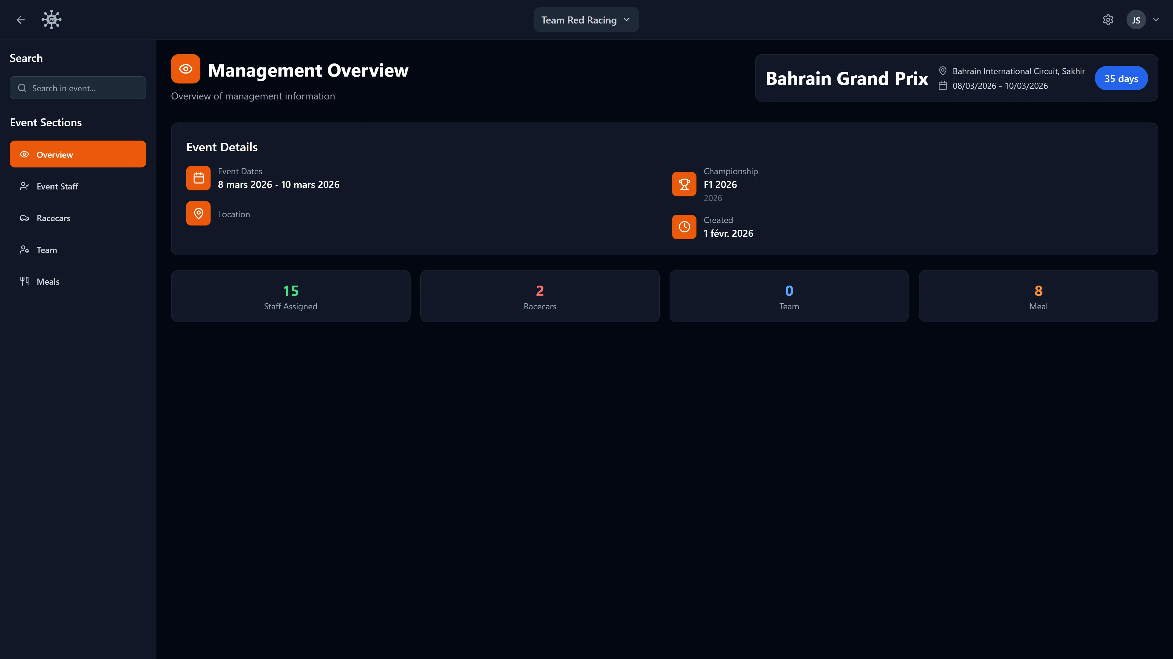 RaceNode Management Overview - Event dashboard with staff, racecars, teams and meals