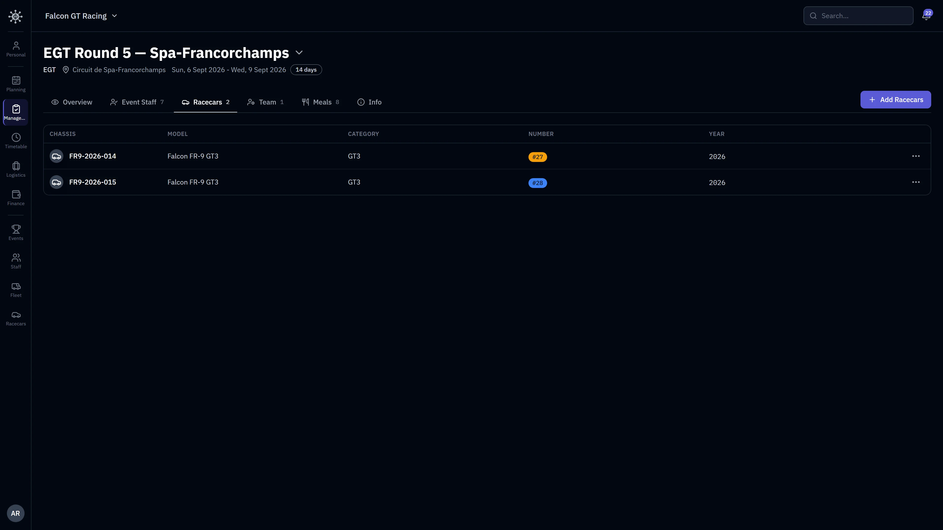 RaceNode Racecars - Assign your cars to each event.