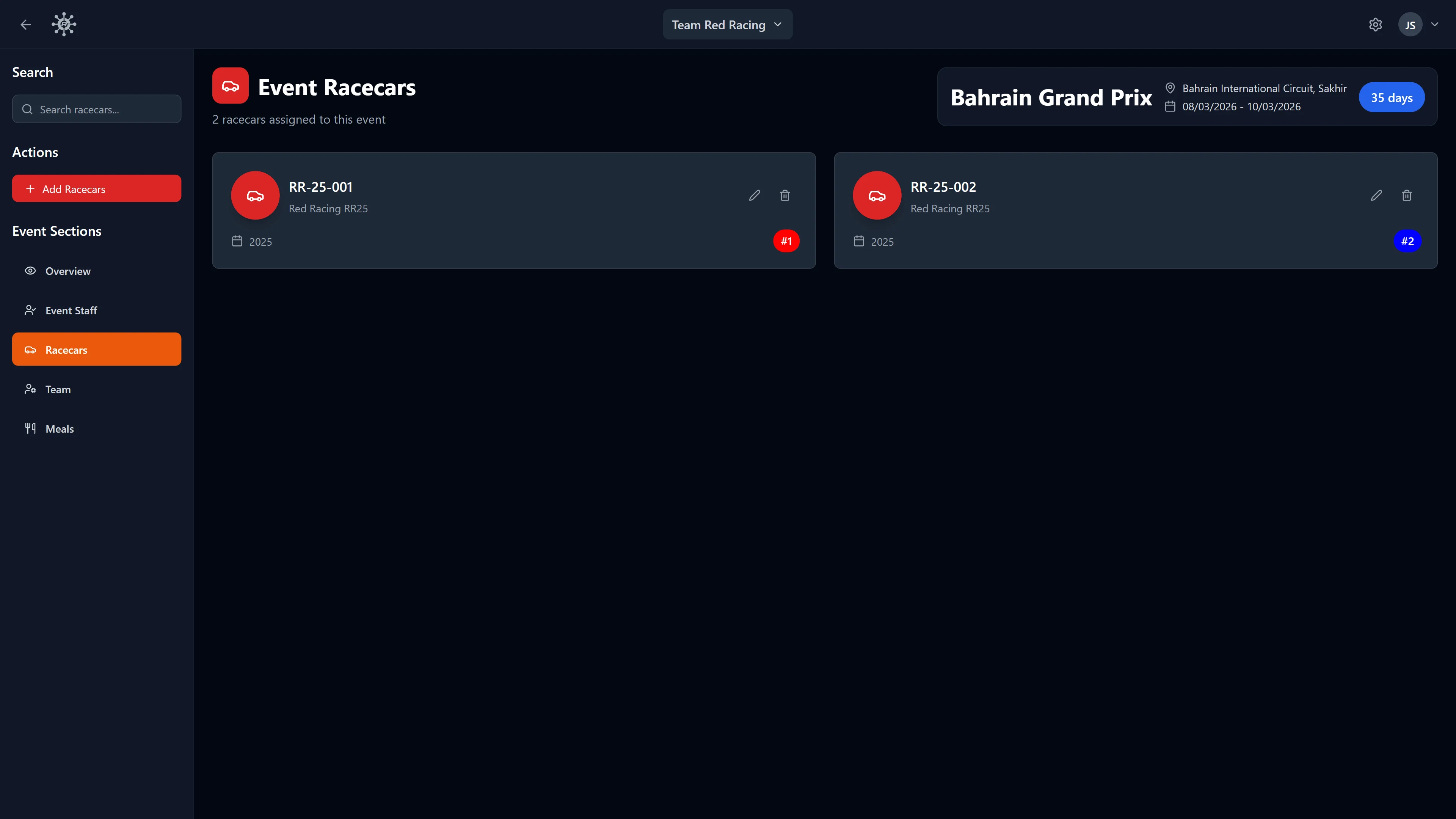 RaceNode Racecars - Assign your cars to each event.
