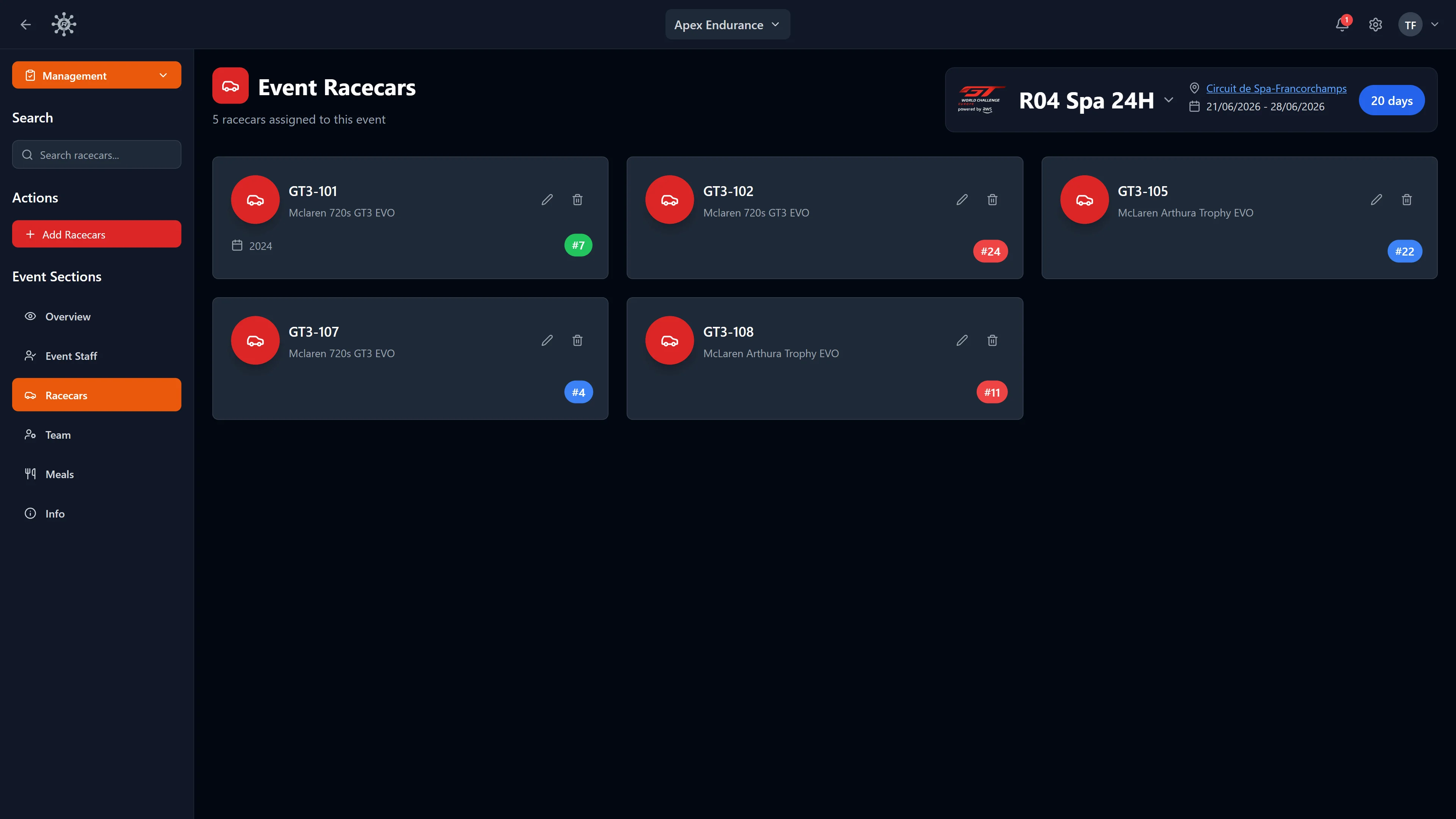 RaceNode Racecars - Assign your cars to each event.