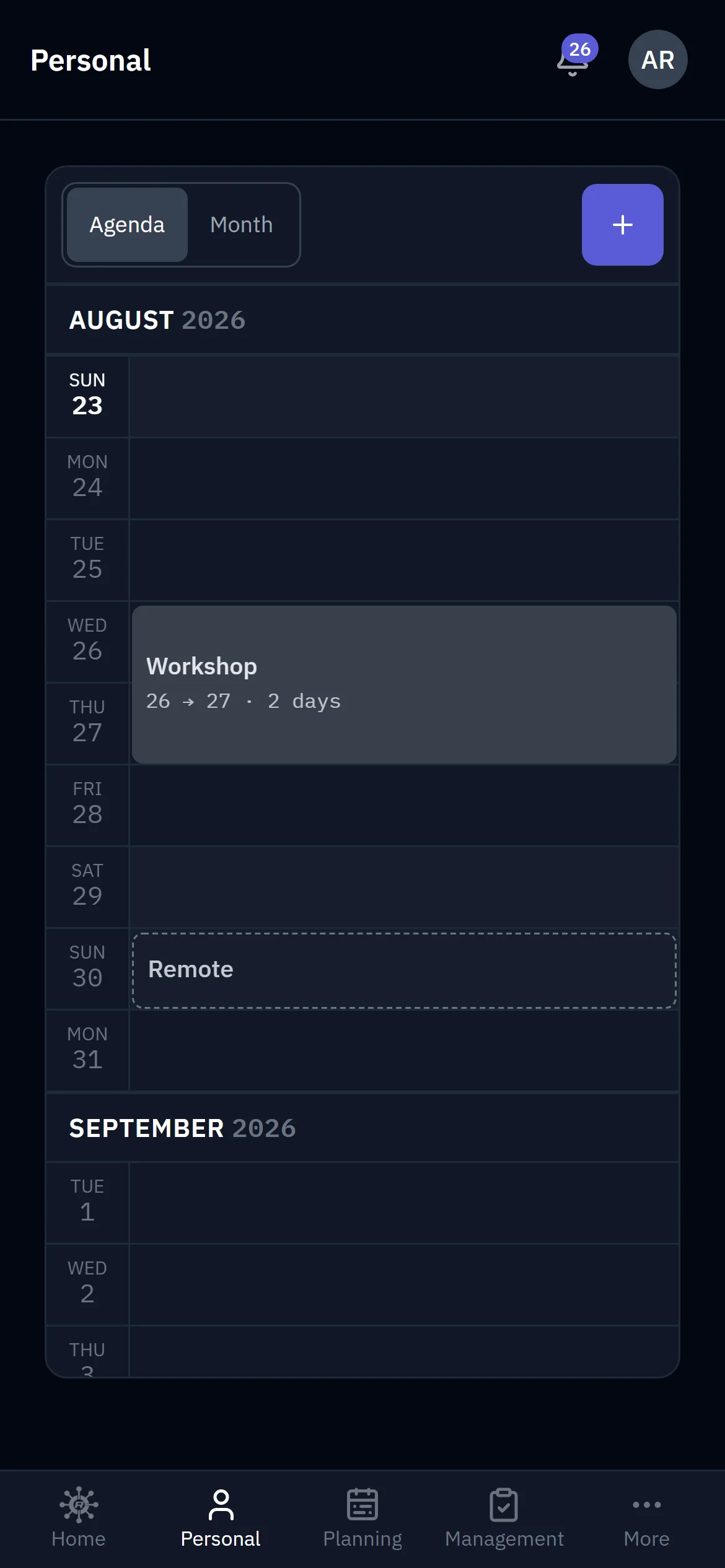 RaceNode Personal app on a phone - a crew member's season in Agenda view