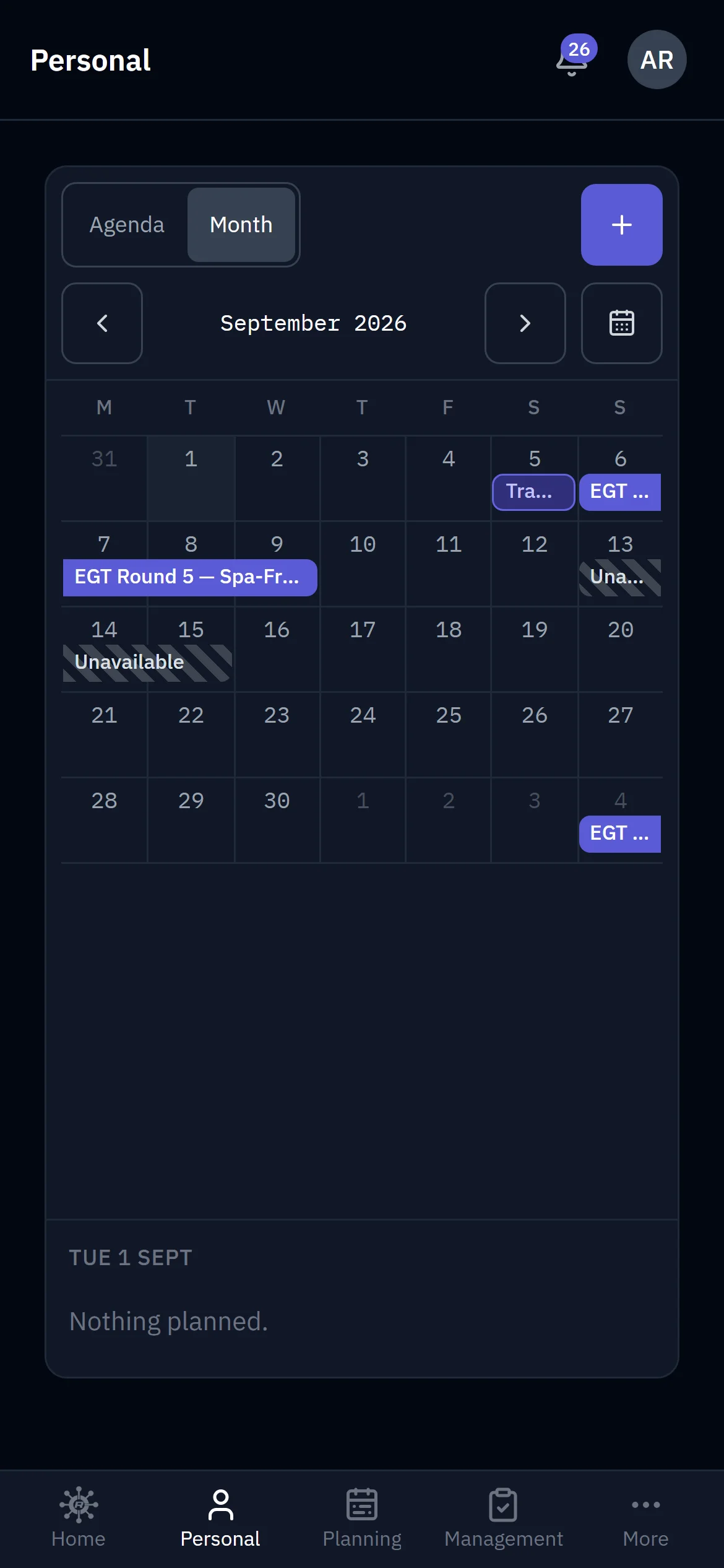 RaceNode Personal app on a phone - a crew member's season in Month view