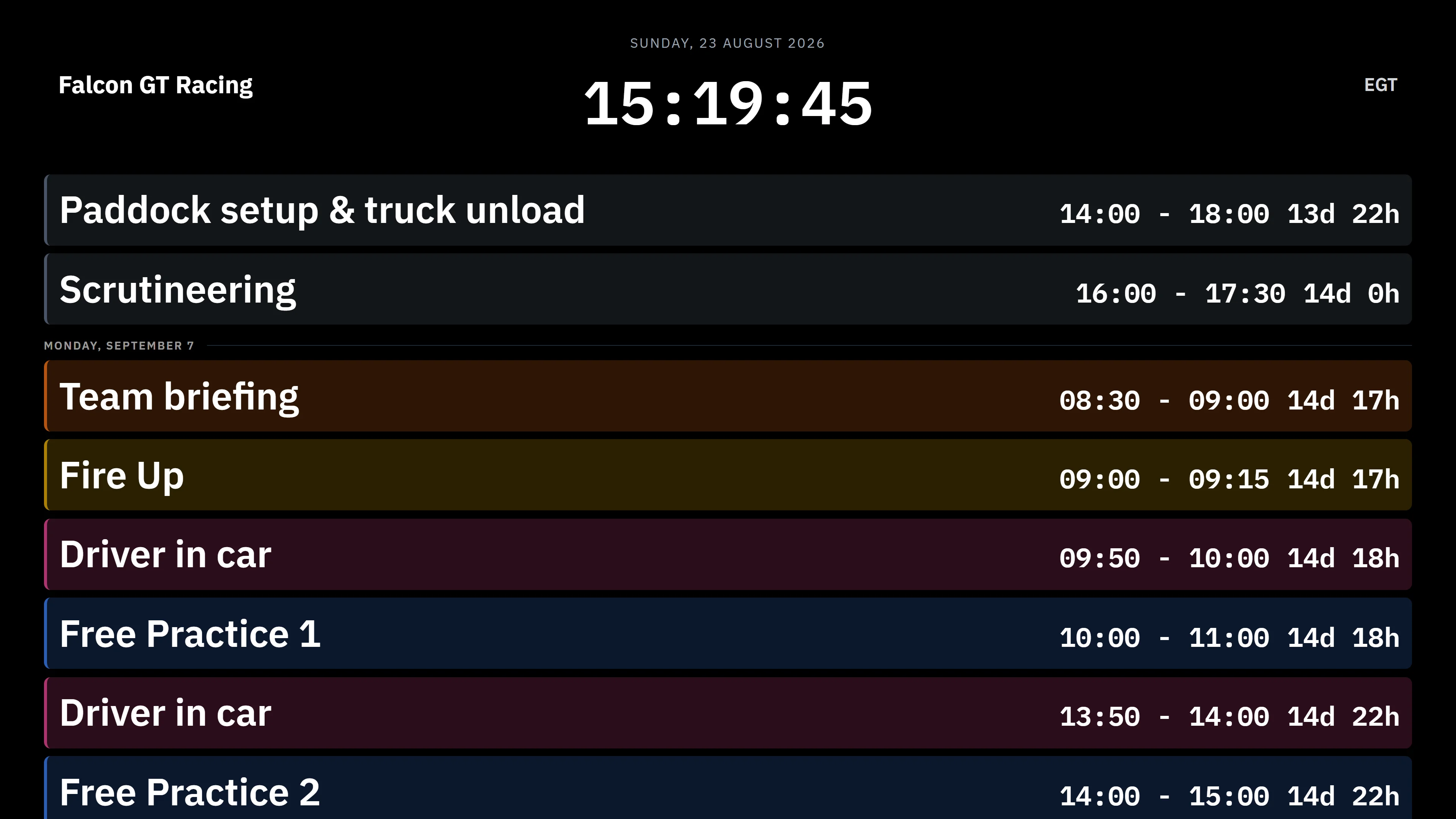 RaceNode public timetable display with live countdowns to each session