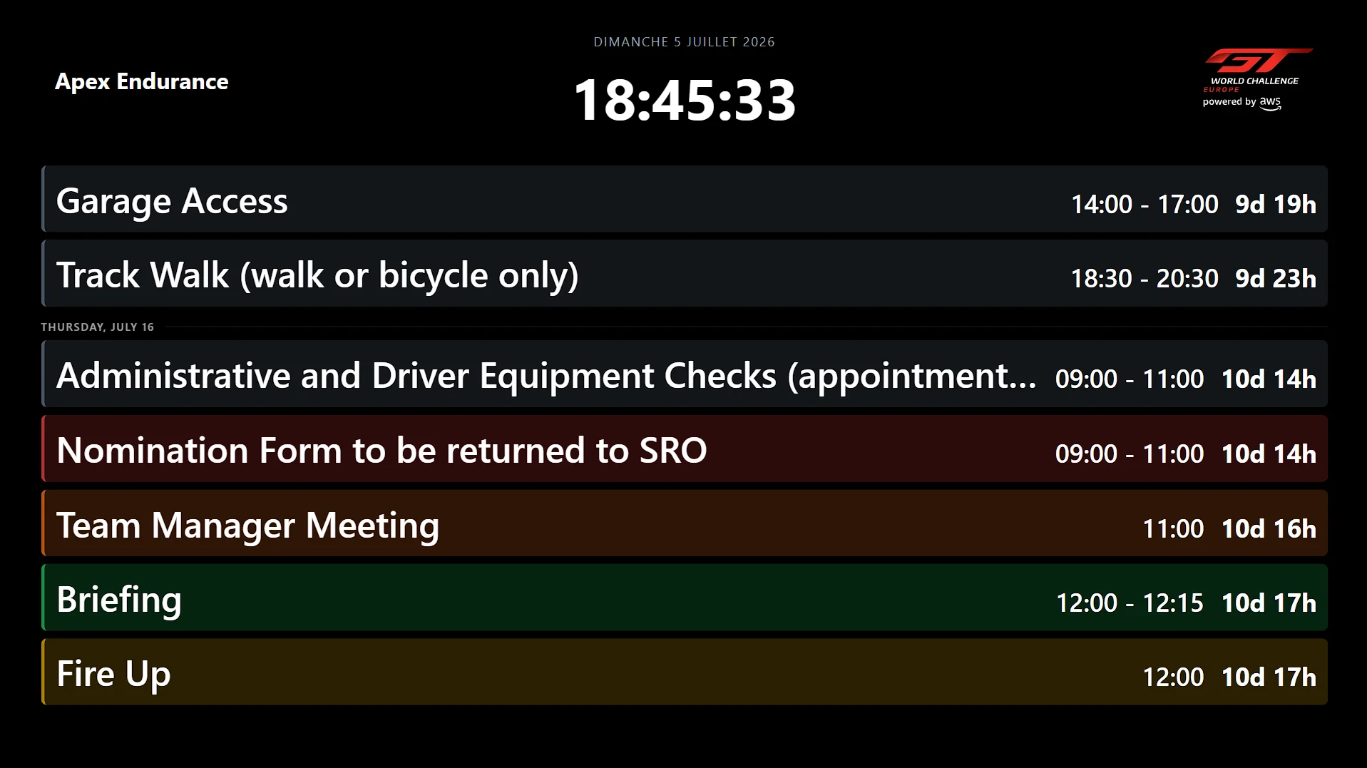 RaceNode public timetable display with live countdowns to each session