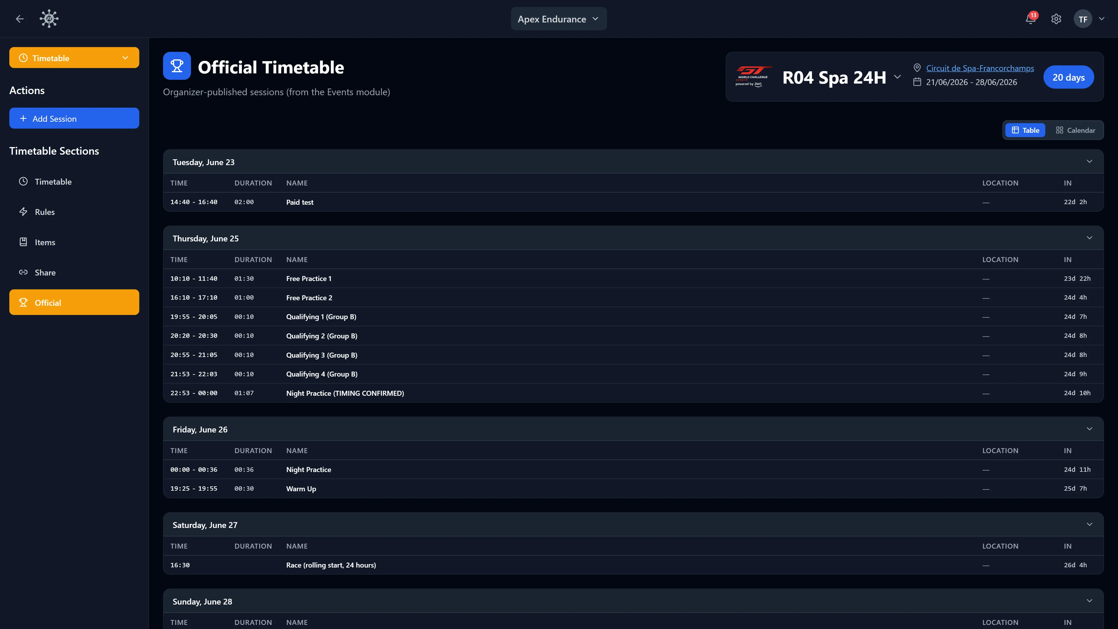 RaceNode Timetable Official Timetable - The organizer's schedule, always in view.