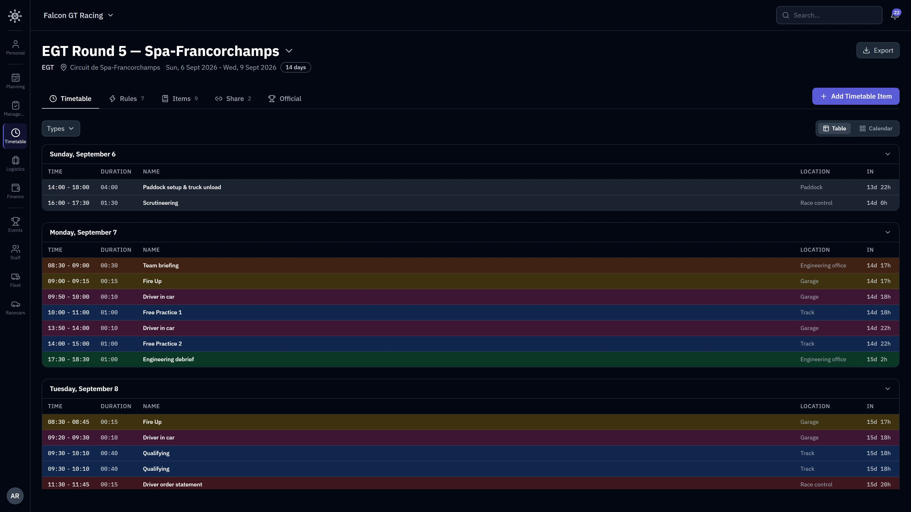 RaceNode timetable software showing a racing team's schedule alongside the official sessions