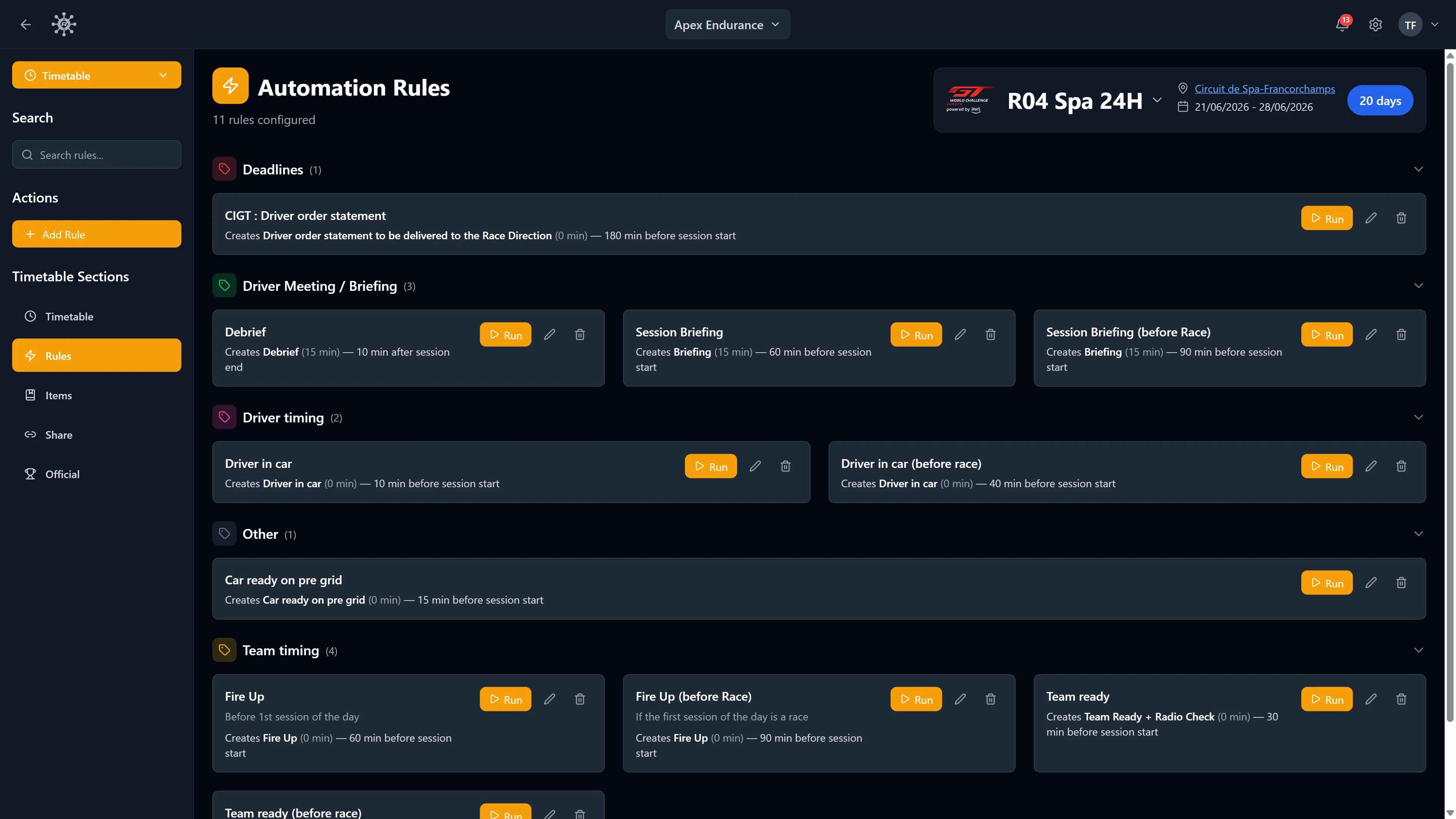 RaceNode Timetable Automation Rules - Anchor to the sessions. Let the rest follow.